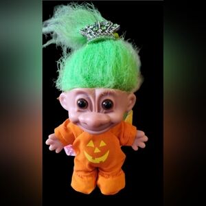 Vtg Russ Troll Doll Green Hair Halloween Pumpkin Orange Jack-O-Lantern Suit 7"